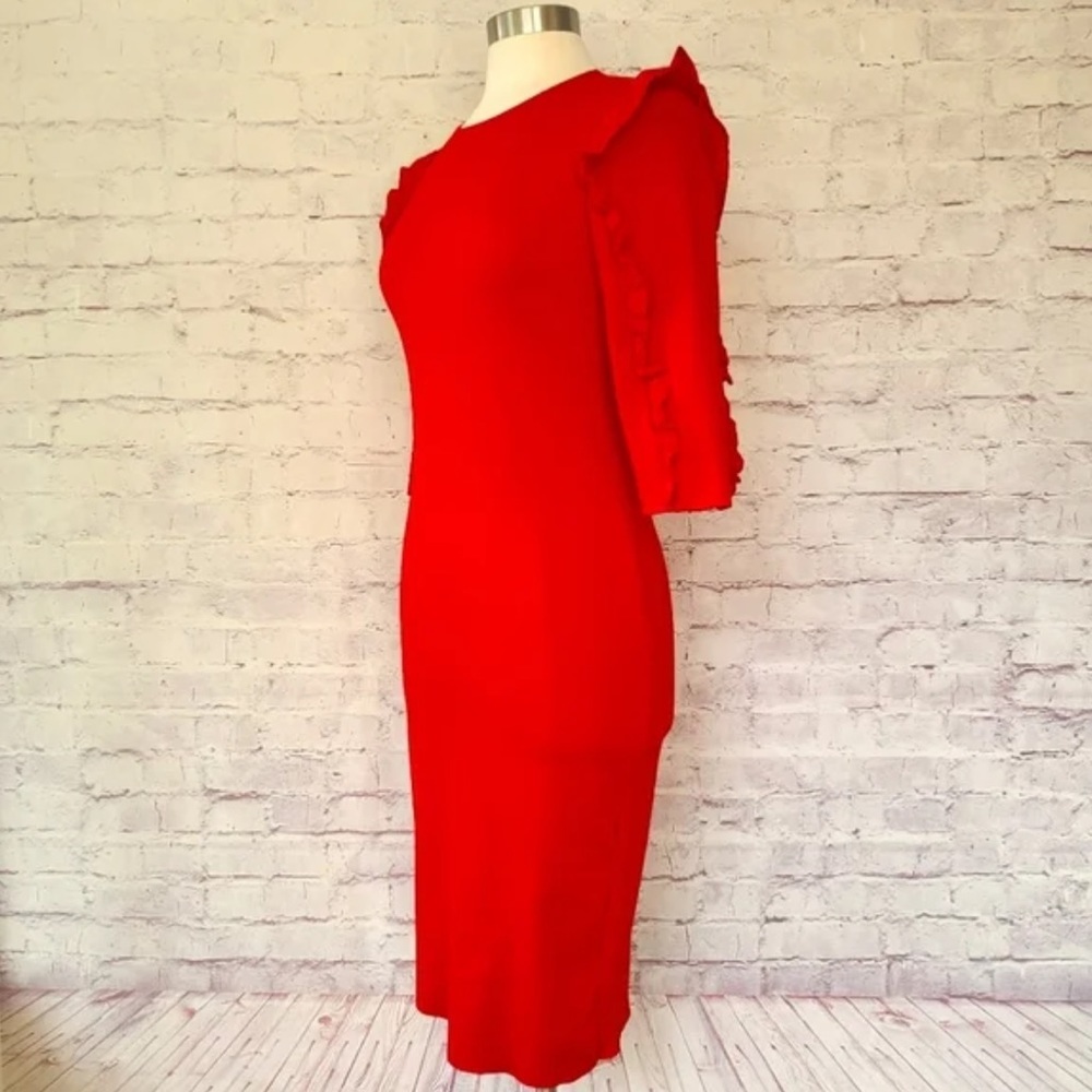 Zara Trafaluc Ponti Di Roma Red Knit Dress Elbow Sleeve Ruffle 3/4 size M - Picture 4 of 14